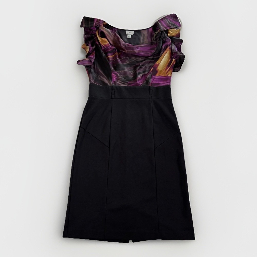 Cocktail Sheath Dress Womens 8 Black Purple Abstract Ruffle Wedding Guest Office